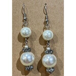 Faux Pearl & Crystal Silver Tone Drop Dangle Earrings Wedding Bridesmaid Gift
